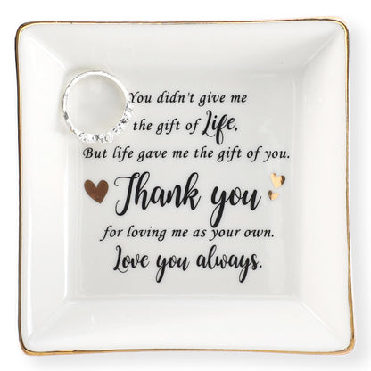 HOME SMILE Bonus Mom Gifts Mother's Day,Step Mom Ceramic Ring Jewelry Dish Tray Plate for Birthday Christmas-You Didn't Give Me Life but Life Gave Me You,Thank You for Loving Me As Your Own