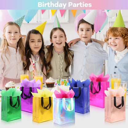 Addblu 12 Pack Reusable Gift Bags with Handles & 24 Tissue Papers, 10x4x8 Inch Iridescent Gift Bags with Cardboard Bases for Shopping, Parties, Birthdays, Weddings, Holiday, Father's Day (Blue Gift Bag)