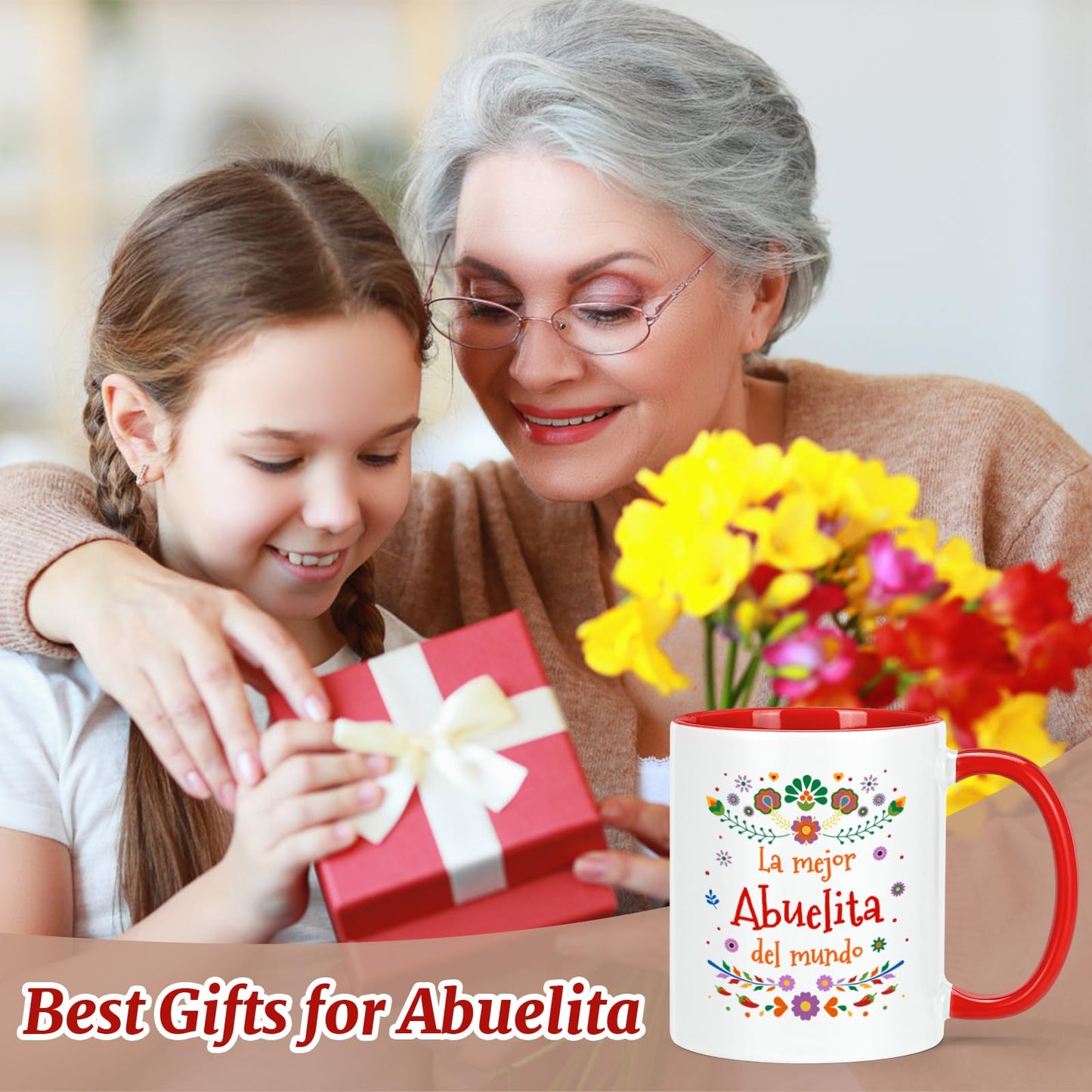 YHRJWN Abuela Coffee Mug - La Mejor Abuelita Del Mundo, Grandma Gift in Spanish for Mother's Day, Birthday, Christmas - Regalo Para Abuela, Taza Abuelos, 11 Oz, Red & White