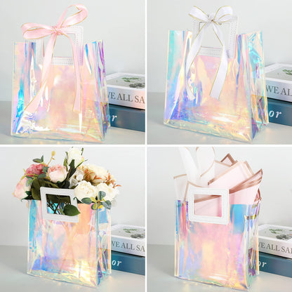 Whaline 10 Pcs Clear Holographic Small Gift Bags 7.9 x 7.9 x 4 Inch Iridescent Reusable Tote PVC Handbags Waterproof Gift Wrap Shopping Bags for Holiday Wedding Birthday Baby Shower Party Supplies