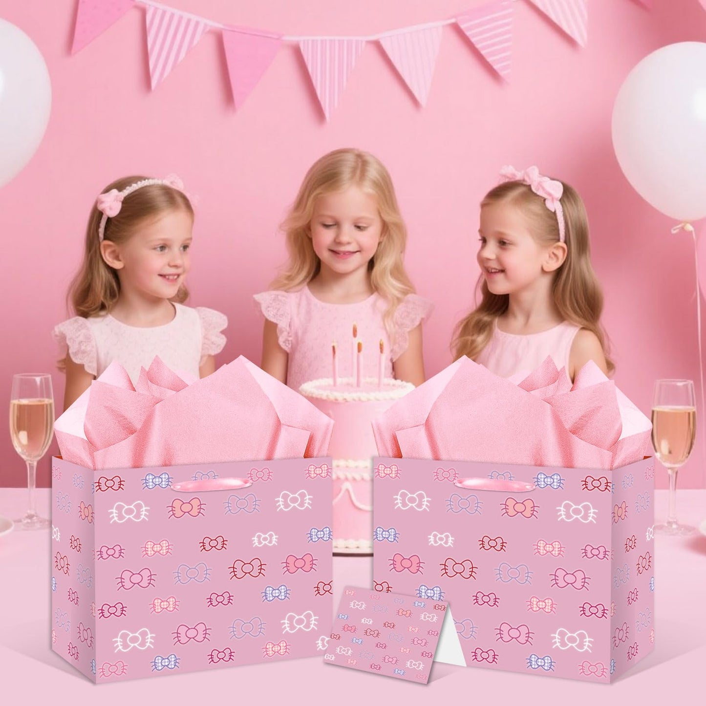 HSKMAKE Kawaii Cartoon Birthday Gift Bag for Girls, Cute Cat Theme Gift Bag with Greeting Card and Tissue Paper for Baby Shower, Birthday Party Decorations Supplies