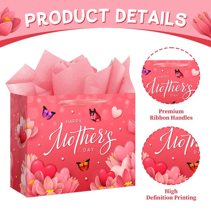Aysimple Large Happy Mother's Day Paper Gift Bag with Wrapping Paper and Greeting Card 13" Butterfly Flowers Design Large Gift Bag Red Heart Party Bags for Happy Mothers Day Party Supplies