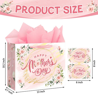 Aysimple Happy Mother's Day Large Gift Bag Set with Greeting Card and Pink Tissue Paper 13" Love Mother Present Bag Pastel Flower Paper Gift Bags with Handles for Happy Mom's Day Party Decorations