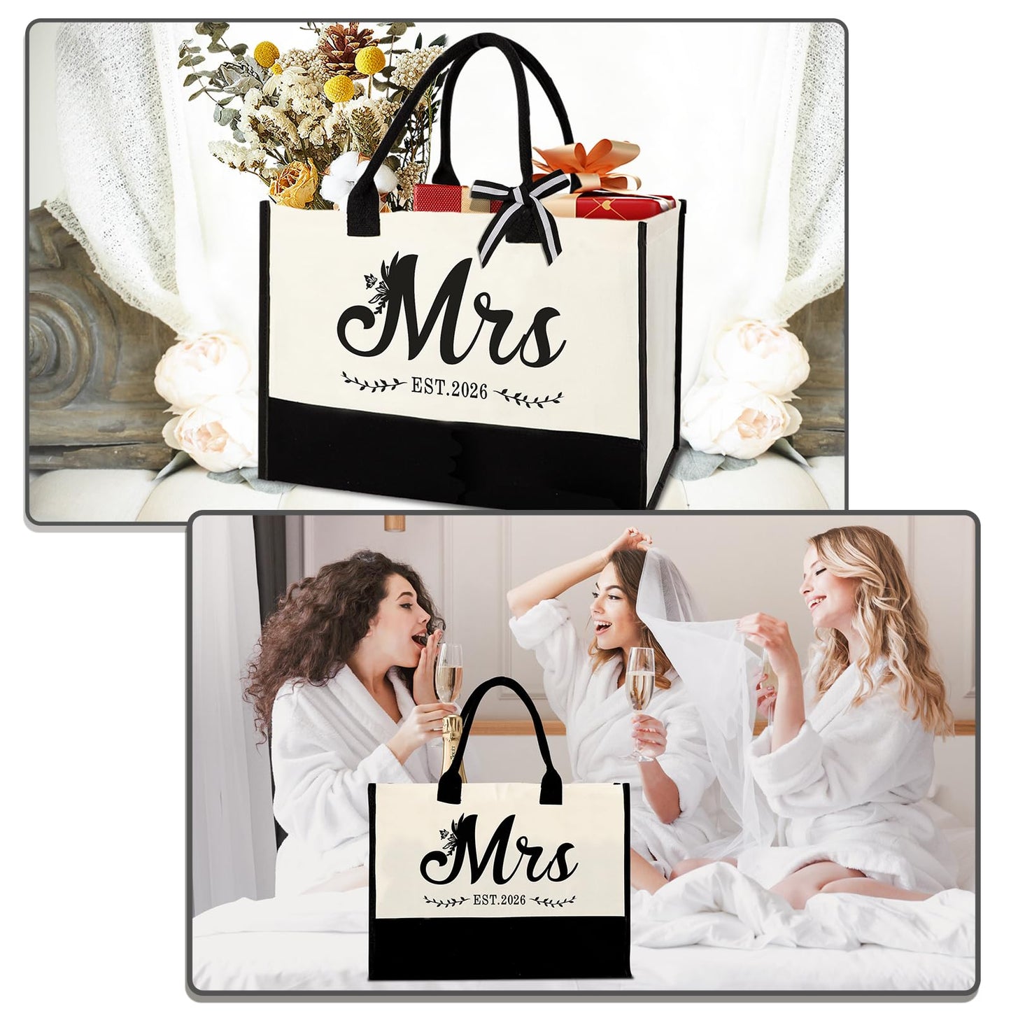Mrs 2026 Bride Canvas Tote Bag with Makeup Bag, Wedding Gifts for Bridal Shower Bachelorette Party Engagement Honeymoon, Miss to Mrs, Bride to Be Gifts