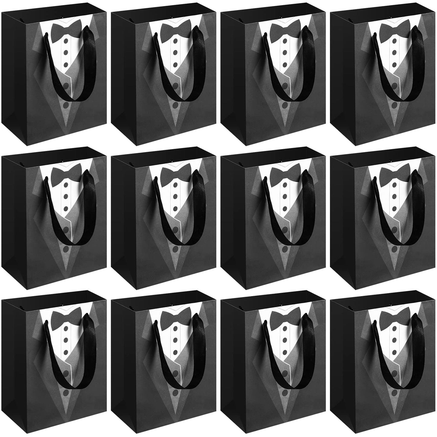 Sinmoe 24 Pieces 7 Inches Groomsmen Gift Bags Tuxedo Treat Bags Wedding Party Favor Black Tie Shirt Pattern Paper Present Wraps for Wedding Father's Birthday Anniversary Goodies Treats