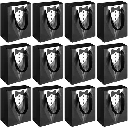 Sinmoe 24 Pieces 7 Inches Groomsmen Gift Bags Tuxedo Treat Bags Wedding Party Favor Black Tie Shirt Pattern Paper Present Wraps for Wedding Father's Birthday Anniversary Goodies Treats