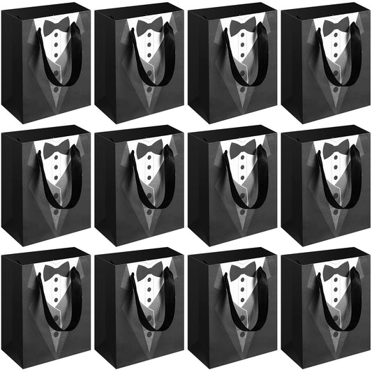Sinmoe 24 Pieces 7 Inches Groomsmen Gift Bags Tuxedo Treat Bags Wedding Party Favor Black Tie Shirt Pattern Paper Present Wraps for Wedding Father's Birthday Anniversary Goodies Treats