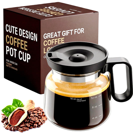 Coffee Pot Mug with Lid, 16oz Glass Mini Coffee Pot Cup, Heat-Resistant Clear Travel Mug, Spill-Resistant Novelty Coffee cup for Office Desk & Coffee Lovers gift