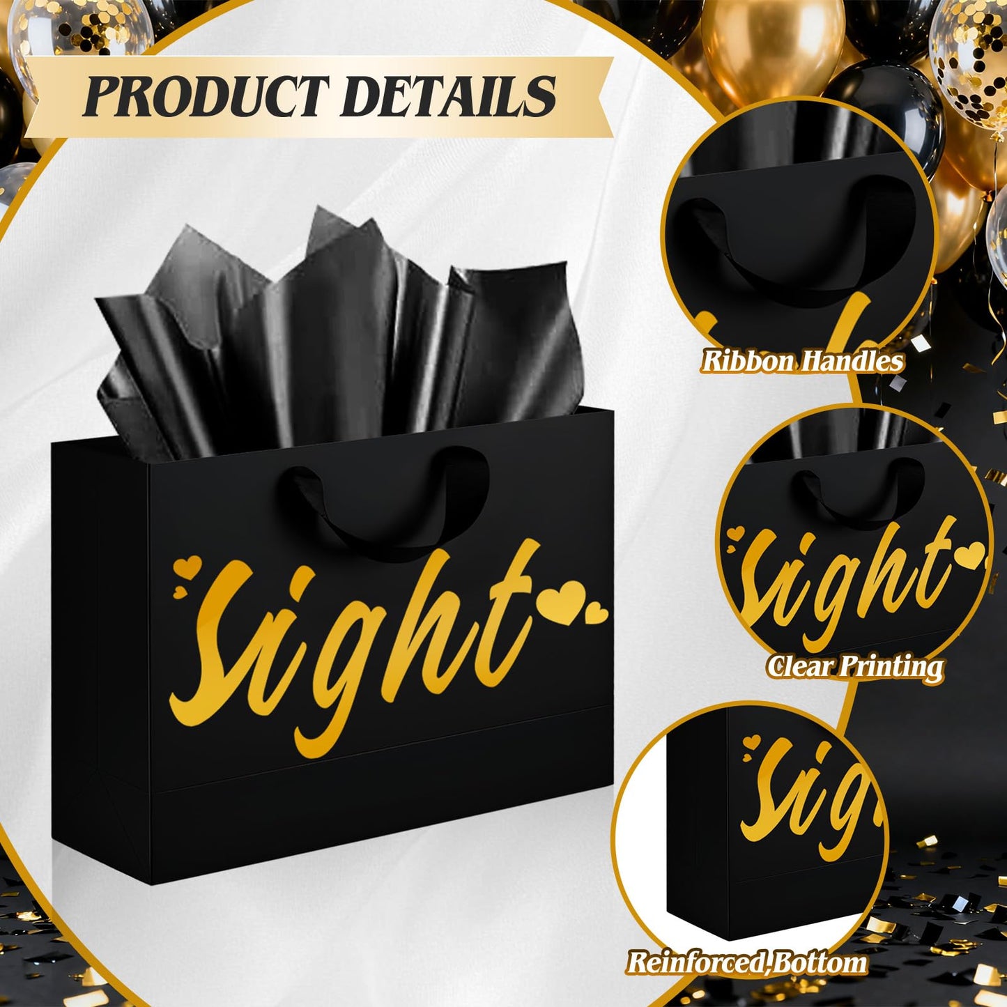 5 Senses Gift Bags for Him with Labels - Five Senses Birthday Party Decorations,Tissue Paper Rose Petals and Happy Birthday Banner Balloons for Husband Boyfriend Party Decor(Gold Black)