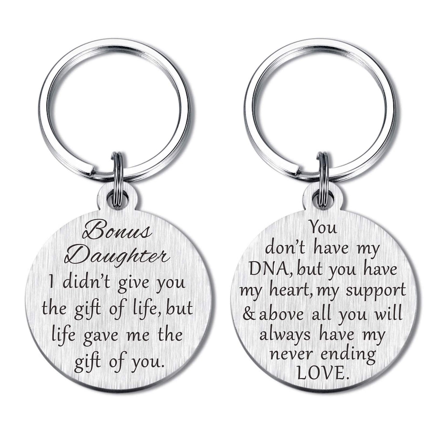 Bonus Daughter Gifts, Mothers Day Stepdaughter Keychain for Graduation Christmas Birthday, Metal Engraved