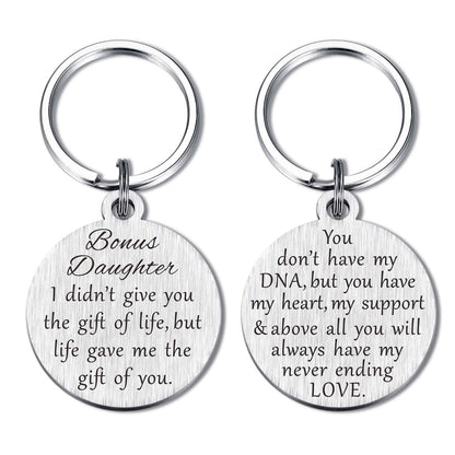 Bonus Daughter Gifts, Mothers Day Stepdaughter Keychain for Graduation Christmas Birthday, Metal Engraved