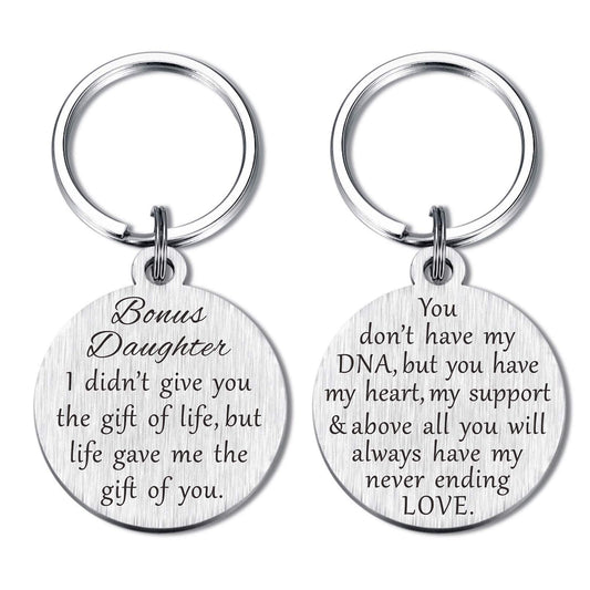 Bonus Daughter Gifts, Mothers Day Stepdaughter Keychain for Graduation Christmas Birthday, Metal Engraved