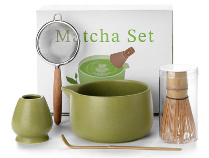 20OZ Matcha Whisk Set - 5PCS Japanese Tea Set Includes Matcha Bowl with Spout, Bamboo Whisk with Ceramic Holder, Bamboo Scoop and Sifter, Matcha Kit for Ceremony, Gift for Matcha Lovers (Matcha Green)