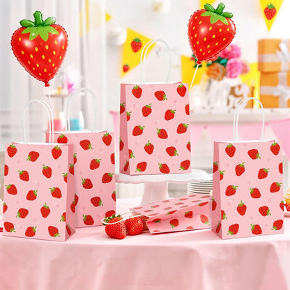 Lemicin 12 Pcs Strawberry Gift Bags Strawberry Party Favor Gift Bags Pink Berry Sweet Paper Candy Treat Goodie Bag with Handles for Birthday Baby Shower Summer Holiday Party Supplies