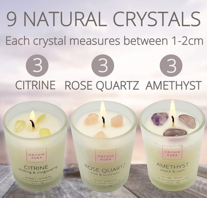 Soy Candles with Healing Crystals. Citrine, Rose Quartz, Amethyst Crystal. Eucalyptus + Lemongrass, Jasmine + Sandalwood, Clary Sage + Lavender. 3PC Scented Crystal Candle Set, 2.47oz Each