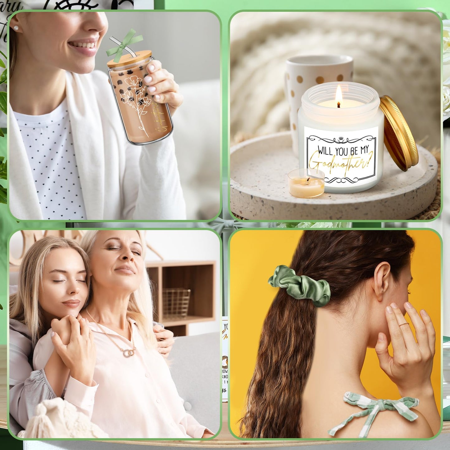 6 Pcs Godmother Proposal Gift Set, Will You Be My Godmother Gift Box, 16oz Glass Cup, Necklace & Scented Candle from Godchild for Baptism Mother’s Day Birthday(English,Sage Green)