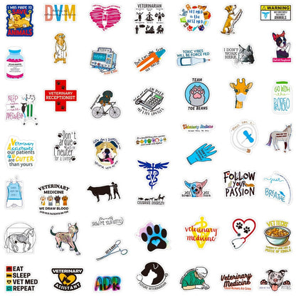 50 Pcs Funny Veterinary Stickers and Decals, Cute Veterinarians Vinyl PVC Waterproof Stickers for Water Bottle Skateboard Luggage Laptop Computer Phone, Vet Tech Party Supplies for Teens Adults