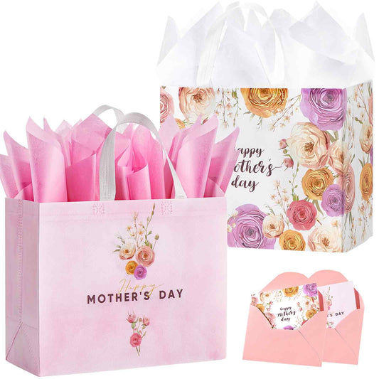 STYPOP 2 Pack 13" Large Mothers Day Gift Bags with Tissue Paper, Reusable Non-Woven Pink Gift Bags with Handles, Mothers Day Gifts for Mom/Grandma/Friends, 12.8"*10.2"*6.3"