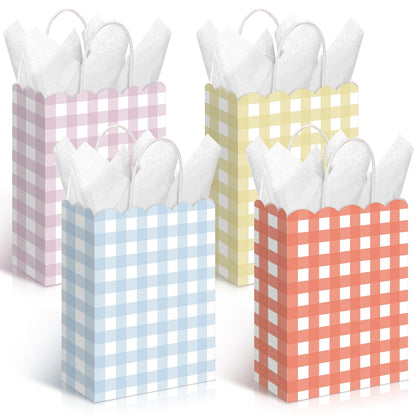 Kolldenn 24 Pcs Gingham Party Supplies Pastel Gift Bags 8.27 x 6.3 x 3.15 Inch Kraft Paper Checkered Plaid Candy Goodie Party Favors Bags for Easter Picnic BBQ Birthday Baby Shower Wedding