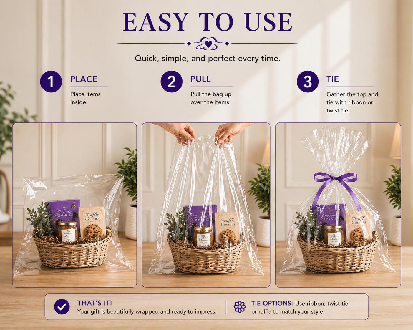 Purple Q Crafts Clear Basket Bags, 20 Pack Large Clear Cellophane Wrap for Baskets & Gifts 24"x30" 1.5 Mil Thick (20)