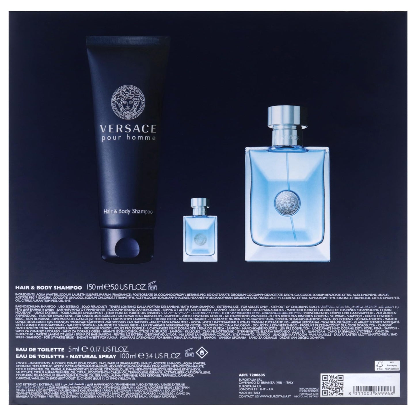 Versace Pour Homme by Versace for Men - 3 Pc Gift Set 3.4oz EDT Spray, 0.17oz EDT Spray (Mini), 5oz Bath and Shower Gel