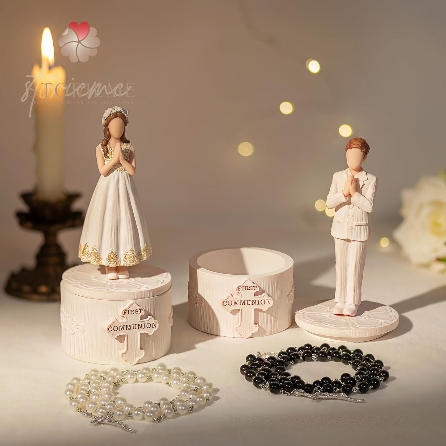 Storieme First Communion Gifts for Boys: 1st Holy Communion Decorations Keepsake Box with Rosary Cross Bracelet - Christian Religious Catholic Present for Baptism Confirmation