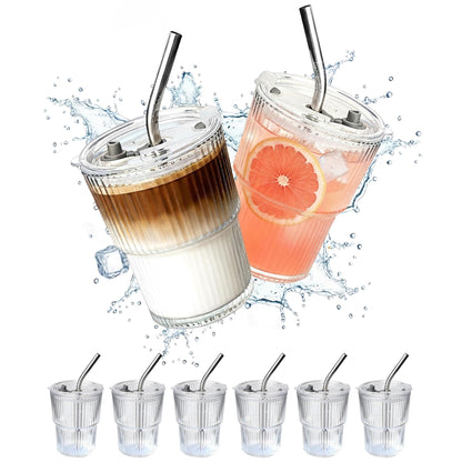 8 Packs Ribbed Glass Tumbler with Lid and Straw Ice Coffee Cup Kitchen Gadgets First Apartment Essentials New Home Must Haves Things Stuff Accessories House Warming Housewarming Hostess Host Gift