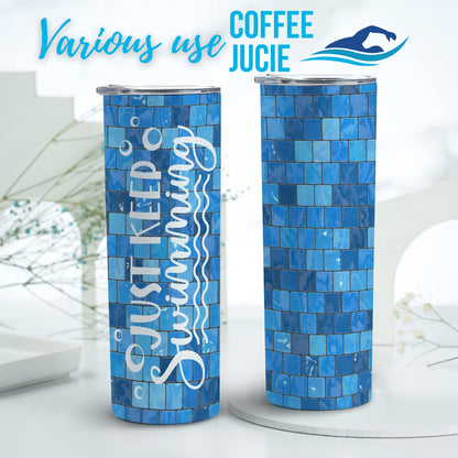 Onebttl Swimming Gifts, Swimmer Stainless Steel 20oz Skinny Tumbler for Women, Men, Teen Girls, Teammate, Coach, Swimming Pool Tiles - Just Keep Swimming