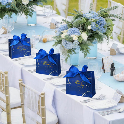 DECHISY 30Pack Small Thank You Gift Bags,Marble Pattern Party Favor Bags with Blue Bow Ribbon,4.5x1.8x3.9Inches,Paper Bags for Birthday Wedding Bridesmaid Holiday Valentines Day(Blue)