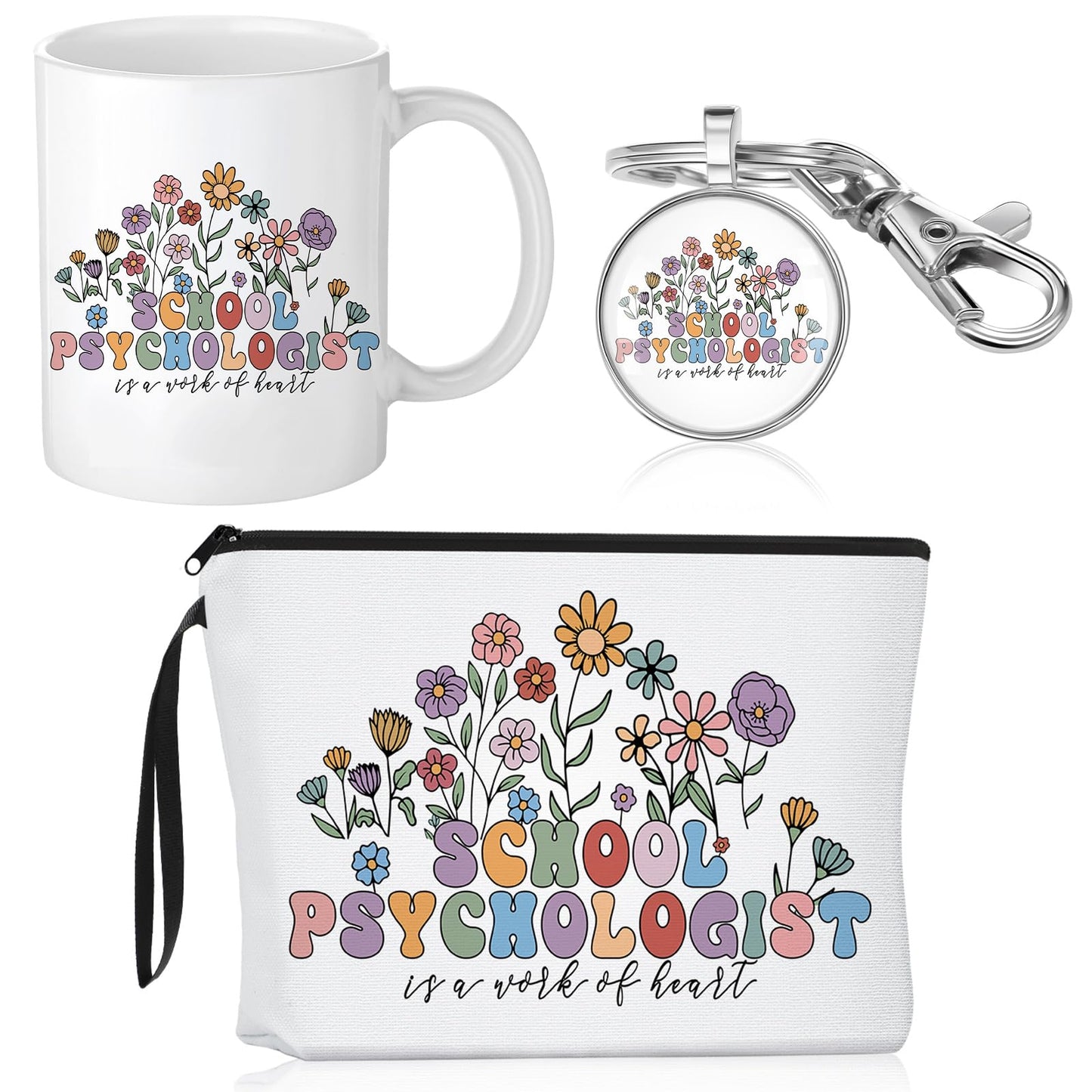 Havawish 3 Pcs School Psychologist Gifts for Women Wildflower Cosmetic Bag Makeup Bag Ceramic Coffee Mug and Keychain Psychology Major Gifts for School Psychologists