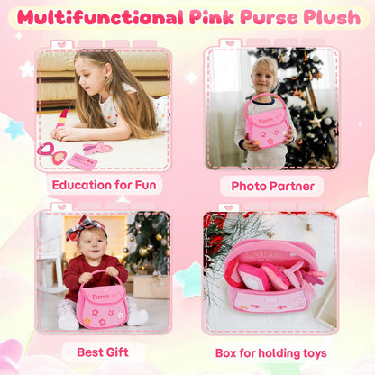 My First Pink Purse Plush, Baby Purse Set with 6 Pcs Makeup Plushies for Toddlers, First Birthday Gifts for Girls
