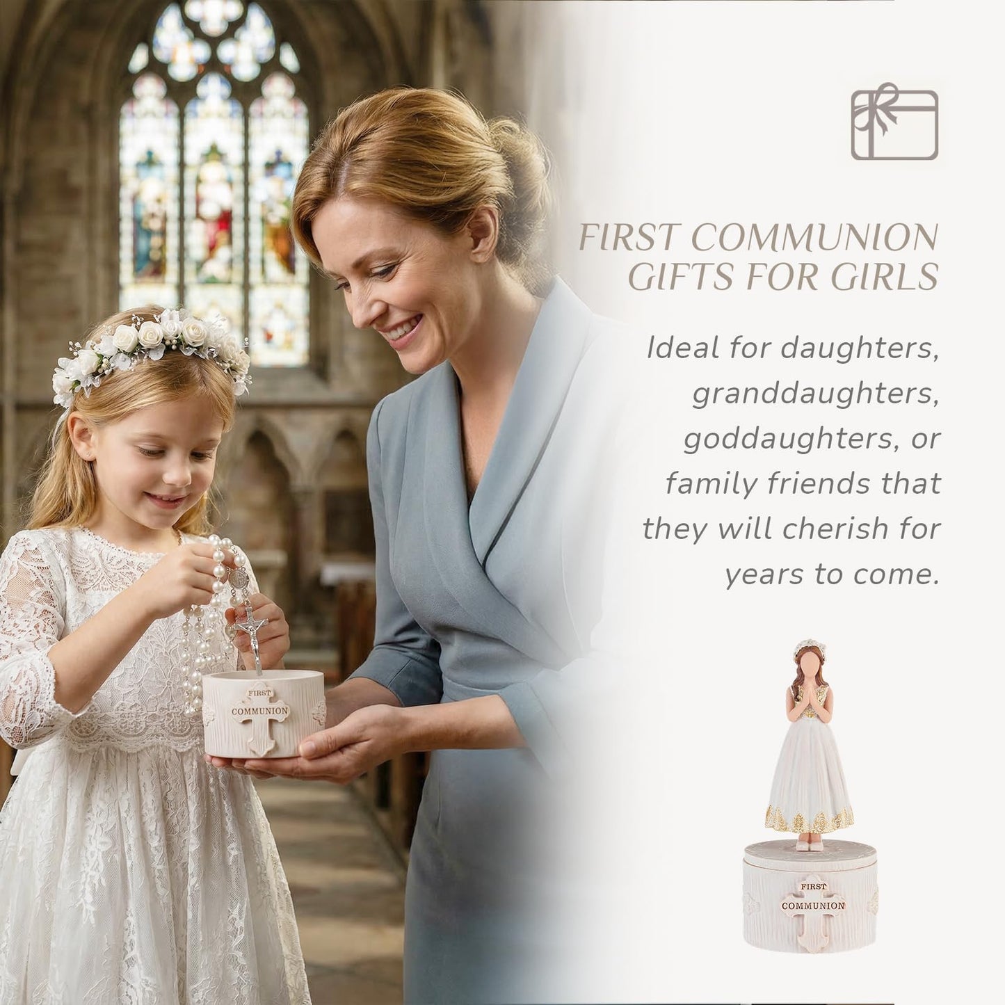 Storieme First Communion Gifts for Girls: 1st Holy Communion Decorations Keepsake Box with Rosary Cross Bracelet - Christian Religious Catholic Present for Baptism Confirmation