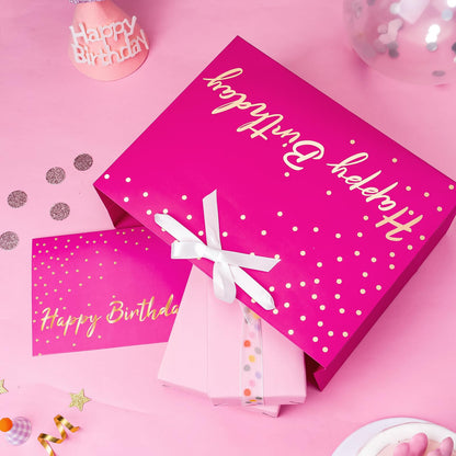 WRAPAHOLIC 13" Hot Pink Birthday Gift Bags with Tissue Paper and Card - Pink and Gold Foil Dots Bags for Girls Women Birthday Party Supplies