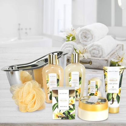 Gift Baskets for Women, Spa Luxetique 8 Pcs Vanilla Mothers Day Gifts for Mom, Birthday Bath and Body Set, Self Care Kit for Her, Including Bubble Bath, Shower Gel, Body Lotion