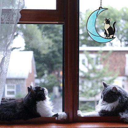 Black and White Cat Moon Suncatcher - Cat Loss Sympathy Gift, Tuxedo Stained Glass Hanging Ornament for Memorial Home Decor