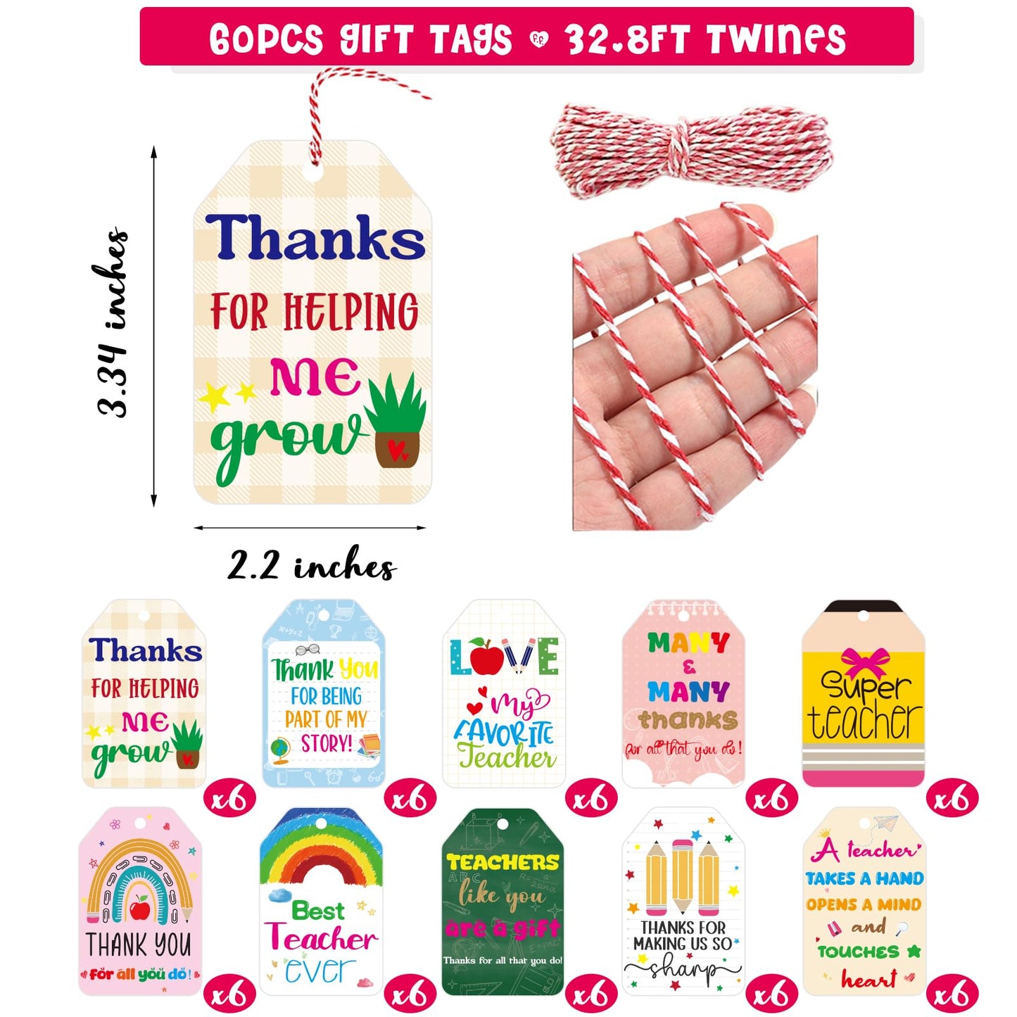 Teacher Appreciation Gift Tags Thank You Teacher Appreciation Week Gift Labels 60Pcs End of Year Students Thankful Labels with String Hanging Graduation School Party Supplies