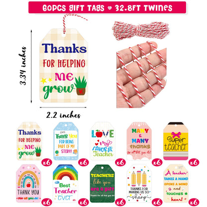 Teacher Appreciation Gift Tags Thank You Teacher Appreciation Week Gift Labels 60Pcs End of Year Students Thankful Labels with String Hanging Graduation School Party Supplies