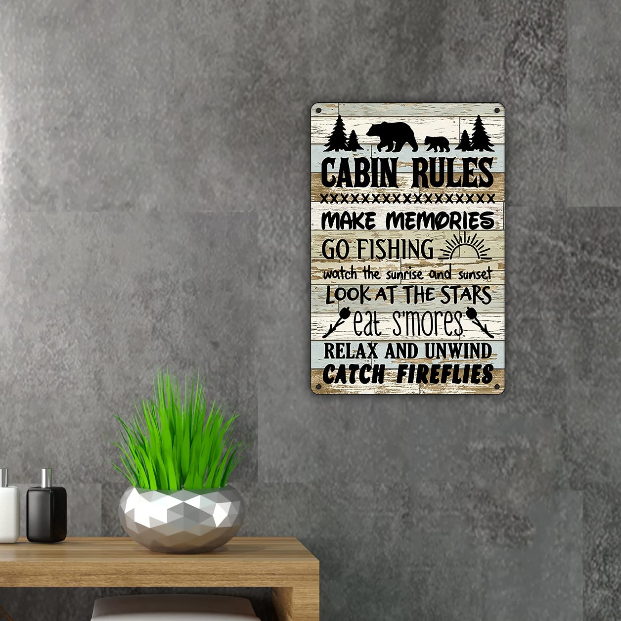 QIONGQI Funny Cabin Rules Metal Tin Sign Wall Art Decor, Farmhouse Wooden Style Cabin Sign for Home Decor Gifts