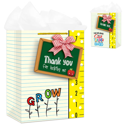 D4DREAM Teacher Gift Bag - 11.5'' Sturdy End of Year Teacher Appreciation Gift Bag with Handles and Tissue Paper for Graduation Teachers Retirement Teacher Party Supplies