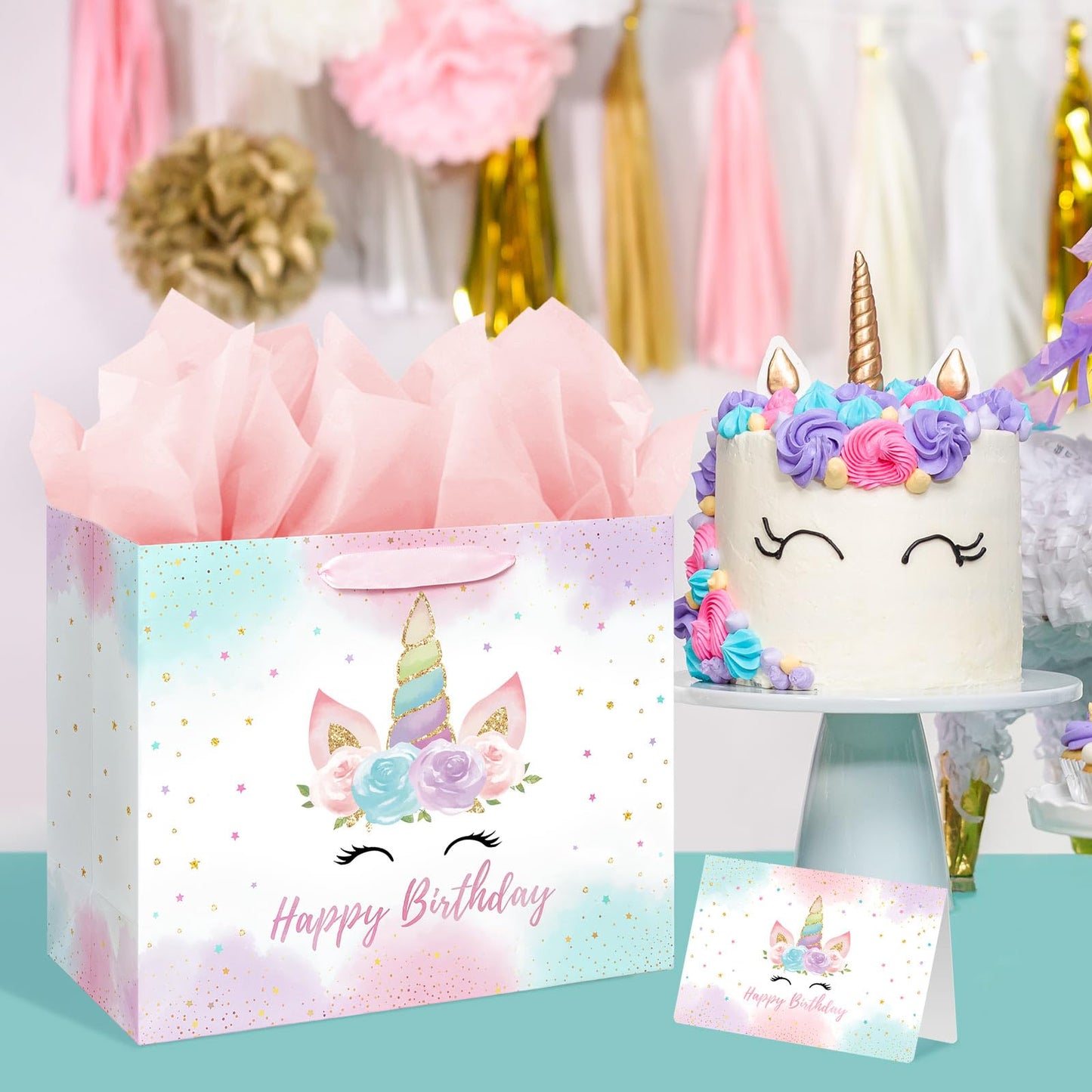 16.5" Large Unicorn Birthday Gift Bag with Card and Tissue Paper for Baby Girls and Kids Birthday (16.5 inch Pink)