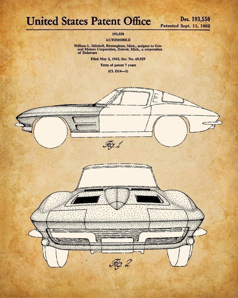 Original Corvette Patent Art Prints - Set of Four Photos (8x10) Unframed - Makes a Great Man Cave Decor and Gift Under $20 for Corvette Owners and Car Enthusiasts
