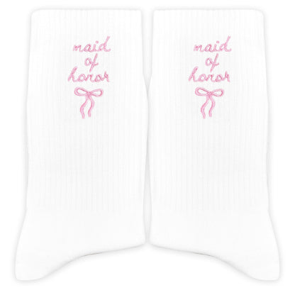 Maid of Honor Embroidered Socks with Pink Bow - Wedding Party Gifts for Maid of Honor, Bride Tribe Socks