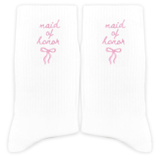 Maid of Honor Embroidered Socks with Pink Bow - Wedding Party Gifts for Maid of Honor, Bride Tribe Socks