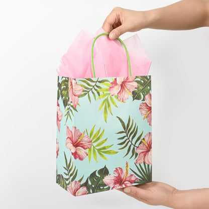 36 Pack Medium Hawaiian Tropical Themed Gift Bags with Handles and 36 Pink Tissue Paper for Luau Parties, Birthdays, Weddings, Bridal Showers, Boutiques (10x8x4 Inch, 2 Designs Assorted)