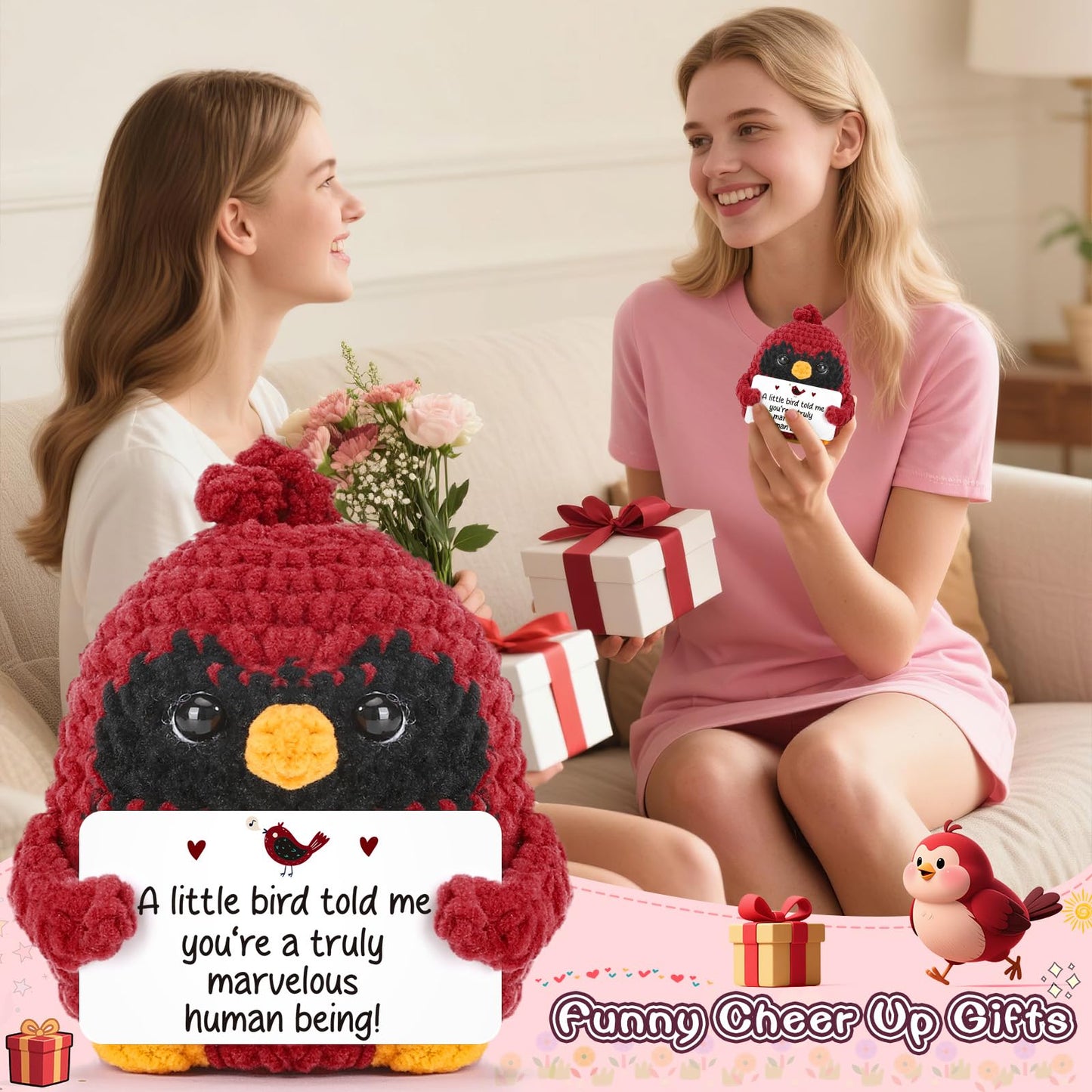 MY-ALVVAYS Mini Crochet Figurine Collectible Doll, Red Bird Thank You Gifts for Women, Teacher Appreciation Gifts Birthday Graduation, Woman Man Male Female Emotional Gifts