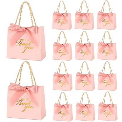 Mauproy 20 Pack Small Thank You Gift Bags with Handles, 5.5''x 2.5''x 4.7'' Mini Paper Gift Bags with Ribbons Party Favor Bags for Graduation Wedding Baby Shower (Pink)