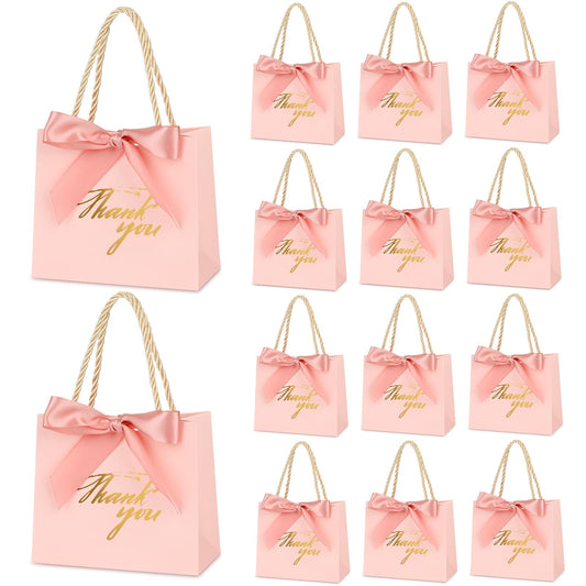 Mauproy 20 Pack Small Thank You Gift Bags with Handles, 5.5''x 2.5''x 4.7'' Mini Paper Gift Bags with Ribbons Party Favor Bags for Graduation Wedding Baby Shower (Pink)