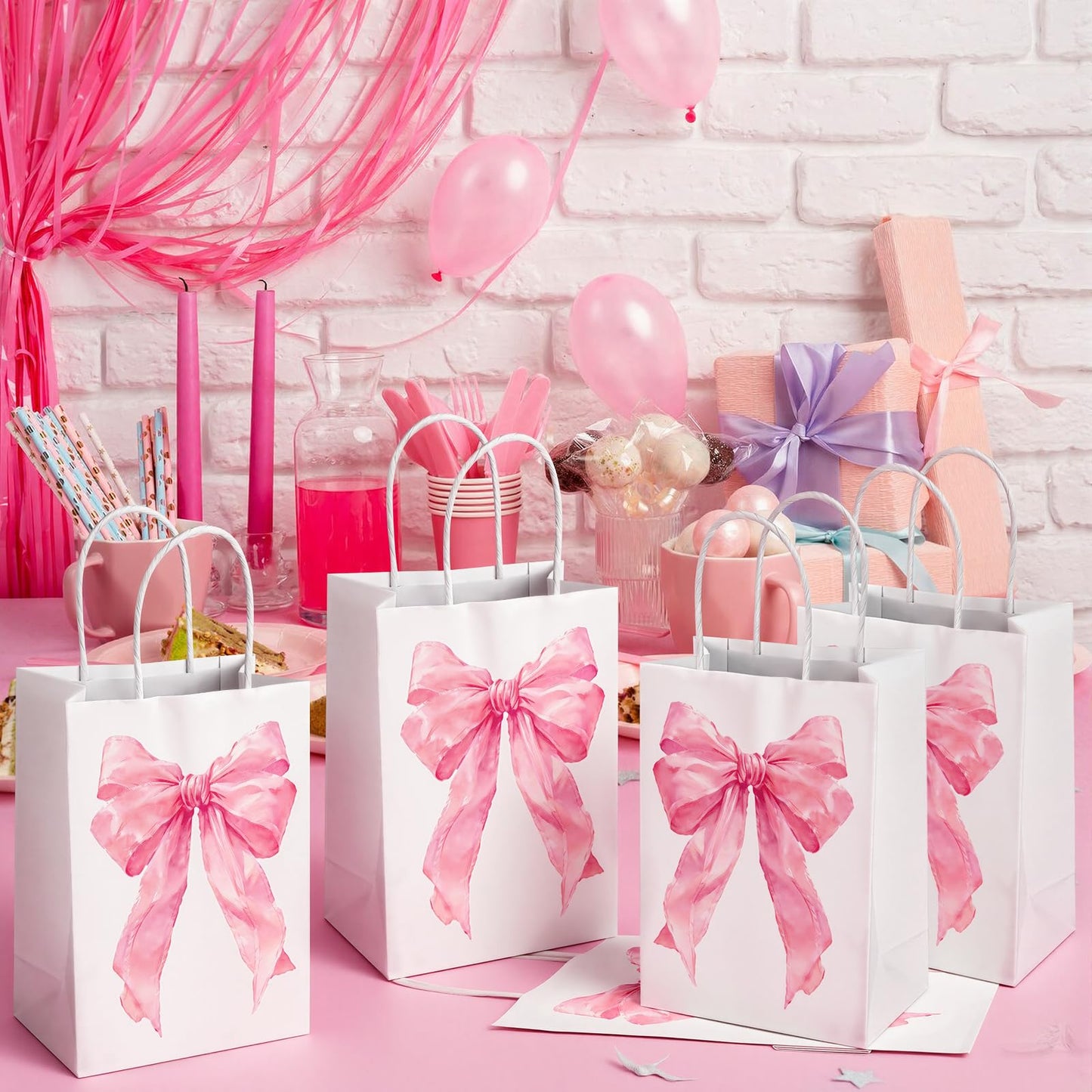 Hxezoc 12 Pieces Pink Bow Gift Bags with Handle, Paper Treat Candy Bag Girly Bow Favor Bags for Bow Theme Bachelorette Party Birthday Party Decoration Supplies
