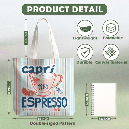 Canvas Tote Bag for Women, Fruits-CoffeeTote Bag, Italian Gifts, Reusable Shopping Grocery Bags