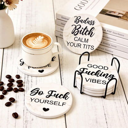 Funny Coasters with Holder Cool Gag Gifts for Adult Women Drink Fun Cup Coaster Set of 6 Coffee Table Bar Decor Unique Modern Coasters Man Cave Accessories Home Housewarming Gift Barsys Coster